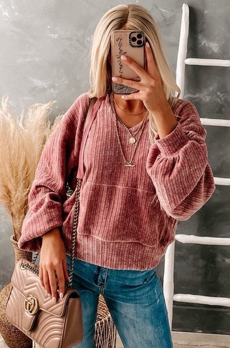 NWT Mauve Pink Chenille V-Neck Hoodie Slouchy Sleeve Relaxed Preppy Boho SZ L - Picture 7 of 7