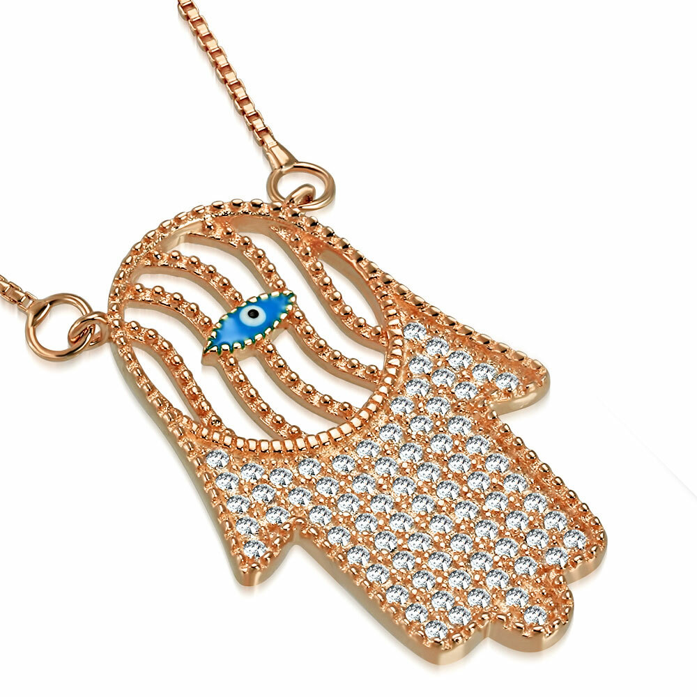 925 Sterling Silver Rose Gold-Tone CZ Evil Eye Hamsa Pendant Necklace, 18