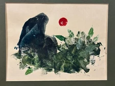 East Asian Inspired Abstract Painting – Red Sun, Mountain & Nature  Matted 14x18