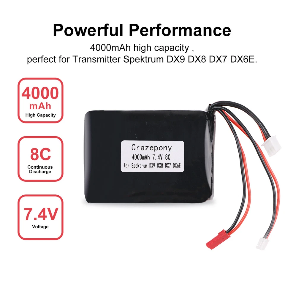 Für Spektrum DX9 DX8 DX7 DX6E Sender Lipo Akku 2S1P 4000mAh JST JR Stecker - Bild 3 von 4
