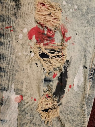 Evolution In Design Denim Shorts Red Paint Splatter Distressed Youth Boys Sz 18 - Picture 9 of 12
