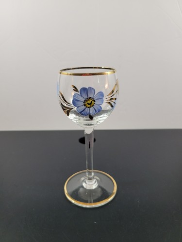 Vintage Clear Stem Cordial Glass Hand Painted Blue Floral Gold Trim 5 1/2" - Picture 6 of 11