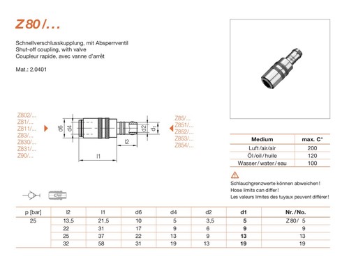 1xSchnellkupplung / Temperierkupplung HASCO-Z80/13 Luft/ Wasser/ÖL max 200°C - Bild 3 von 7