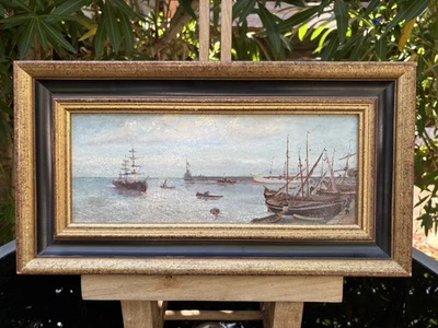 HUILE sur BOIS HSB Paysage Marin Bateau Voilier Peinture Tableau Port/Painting - Photo 1/4