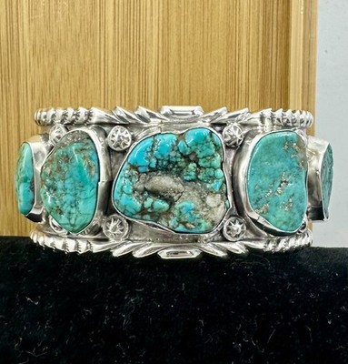 GILBERT  GIL  ADAKAI Navajo Sterling Silver Turquoise Bracelet Cuff; 108g