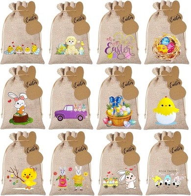Easter Burlap Drawstring Gift Bags,24 PCS Easter Jute Linen Burlap Treat Bag