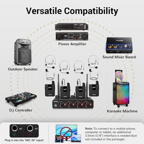 TONOR Wireless Microphones System with UHF Headset/Lavalier Lapel Mics, Bodypack - Picture 5 of 6