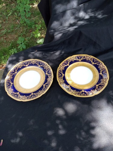 2 ROYAL BAVARIAN COBALT BLUE & GOLD ENCRUSTED FLORAL PLATES