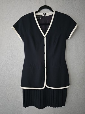 Marianna Vintage Modest Dress Sz 8 Womans Petite Navy Blue Pleated Skirt V-Neck