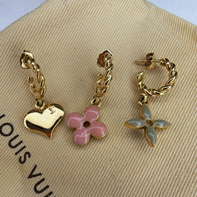 Louis Vuitton Gold-Tone Hoop Dangle Earrings Heart & Flower Enamel Charms