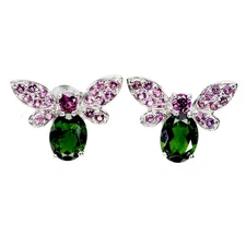 925 Sterling Silver Earrings Oval Chrome Diopside Rhodolite Gemstone Bee Jewelry