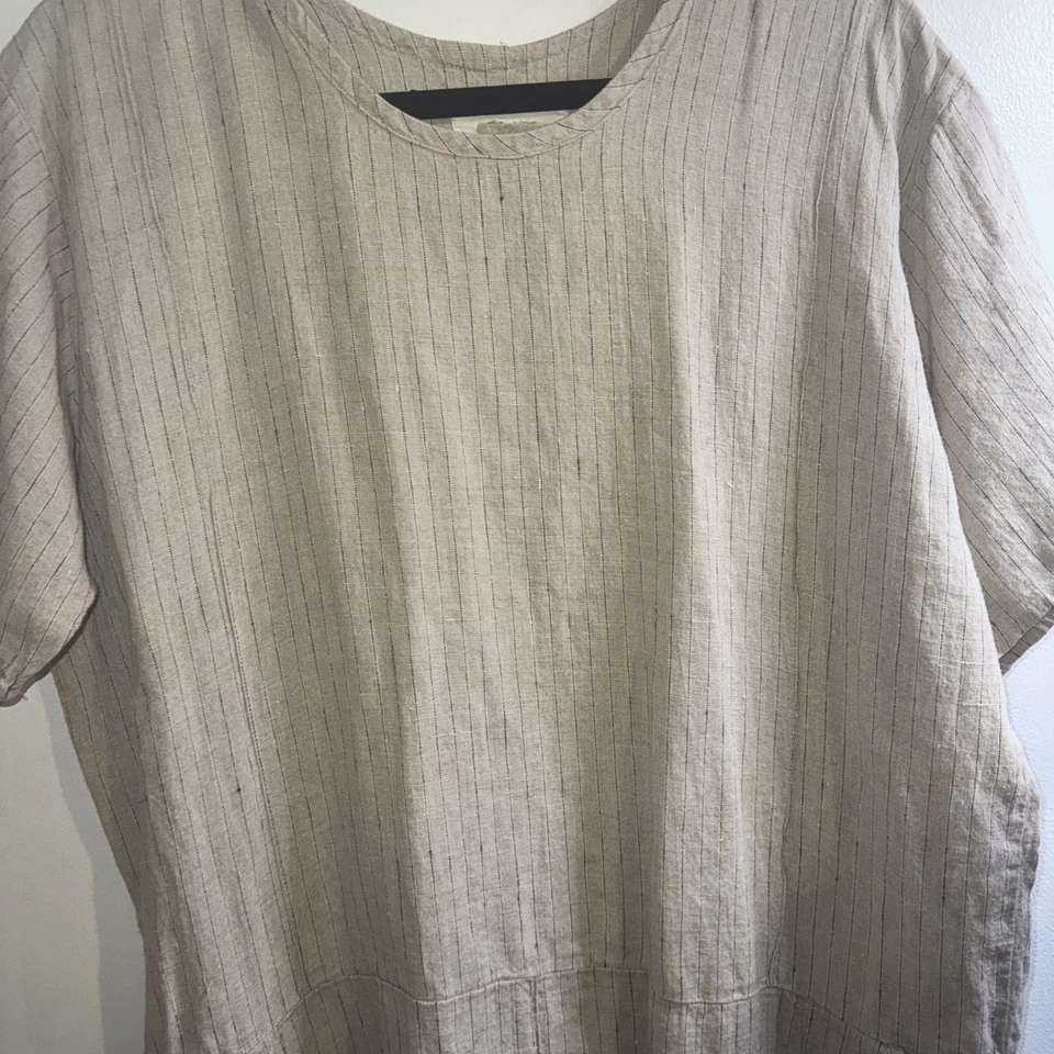 Vtg FLAX Jeanne Engelhart Sz L Tan Black Stripe Linen Maxi Dress Lagenlook - Image 2 of 4