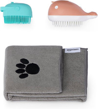 Dog Bath Brush with Shampoo Dispenser and Fast Dry Towel, Blue and Orange, 3-Pac