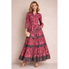 FIGUE Suzani Salmon Snap Button Floral Tiered Belted Maxi Shelby Dress Cotton L