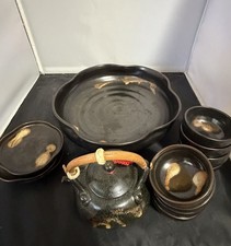 Vintage Asian Stoneware Tea Set Teapot 8 Cups Bowls Platter Bamboo Handle