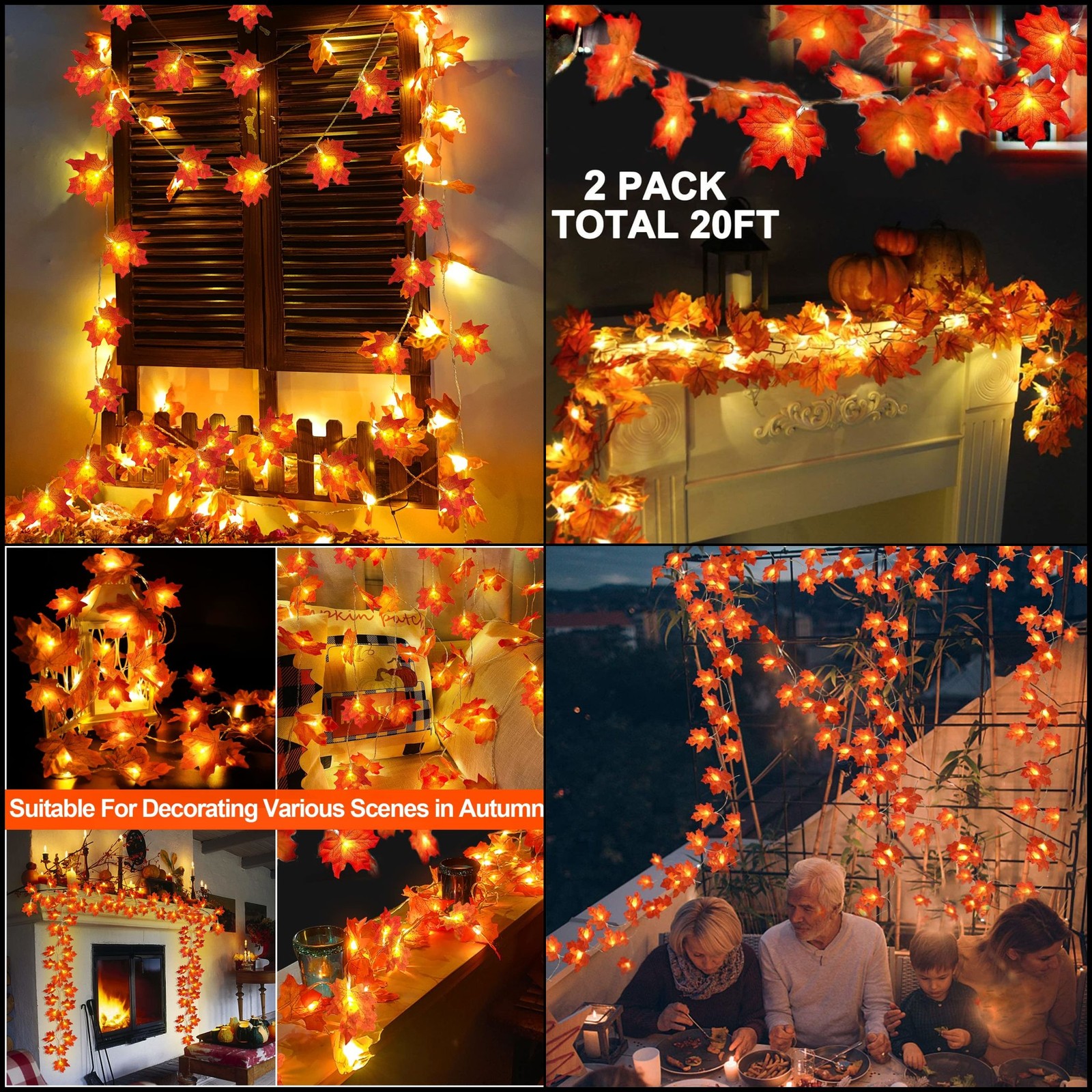 2Pc 20Ft Fall Maple Leaf Garland with 40 LED Lights Battery Operated Waterproof