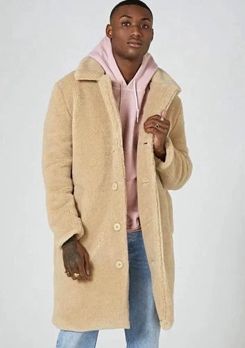 Topman Man’s Beige Borg Fleece Long Overcoat Button Front Pockets L Chest 40-42 video thumbnail