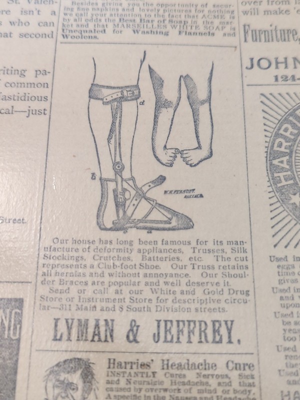 FEB 1, 1890 NEWSPAPER PAGE #2136- LYMAN & JEFFREY DEFORMITY APPLIANCES