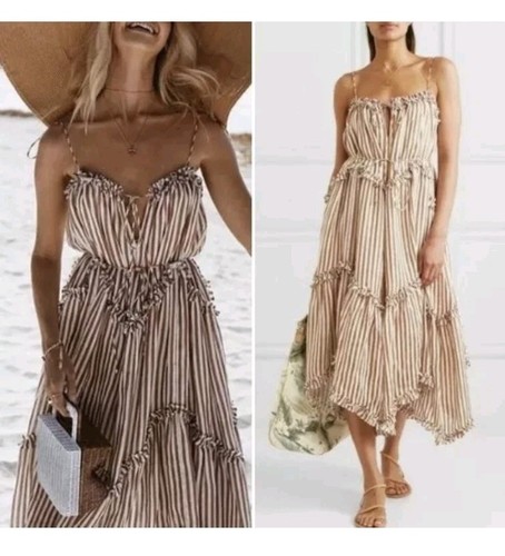 ZIMMERMANN Lumino asymmetric ruffled striped linen midi dress Sz 1 - Picture 2 of 15