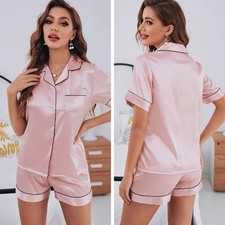 Summer Pijamas Sets Women Sleepwear Silk Satin Button-down Short Sleeve