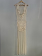 Sheer Cream Maxi Dress Cowl Neck Draped Ruched Size Medium Mesh Stretchy Breezy