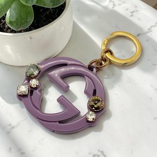GUCCI Keyring Interlocking G Design Purple Gold Stone Logo Charm Accessory Used