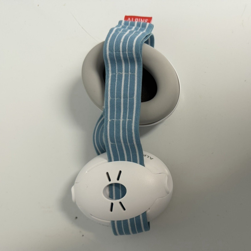 Alpine Muffy Baby Hearing Protection Ear Muffs Elastic Headband White Blue Gray