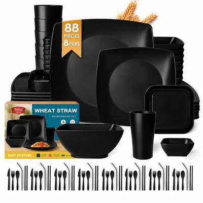 Teivio 88-piece With Flatware Plastic Kitchen Wheat Straw Square Dinnerware Set