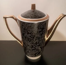Carafe Ceramic Poland Black White and Gold Trim and Hand Painted