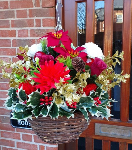 Artificial Hanging Basket Christmas Winter Plants Festive Flowers Ivy Leaf New - Picture 2 of 13