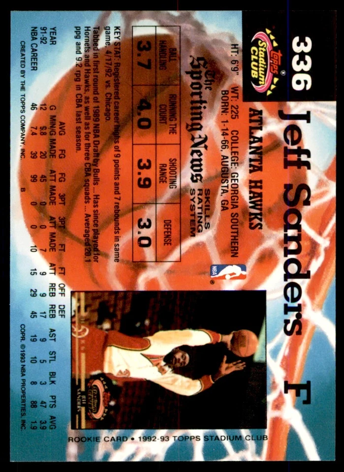1992-93 Stadium Club Jeff Sanders Atlanta Hawks #336 - Image 2 of 2