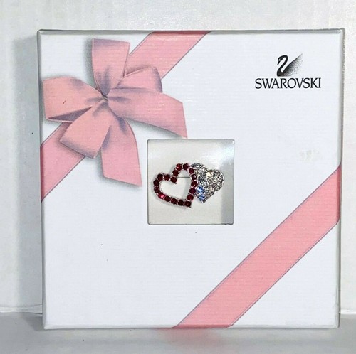 SWAROVSKI DOPPELHERZ ANSTECKNADEL, SILBER, RUBIN, KRISTALLSTEINE NEU, ORIG. BOX- --LIL