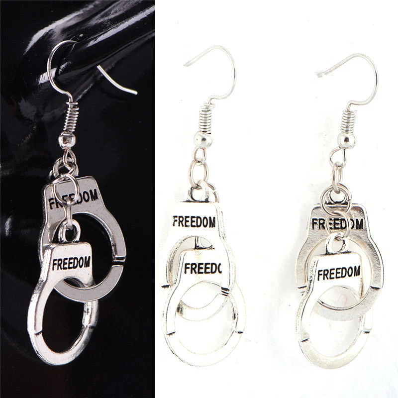 Freedom Handcuff Dangle Earrings Pair Partners in Crime Jewelry Tibetan Silver - Image 3 of 4