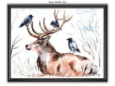 Personalised Stag and Jackdaws Crows Painting Print by Ilona Winter
