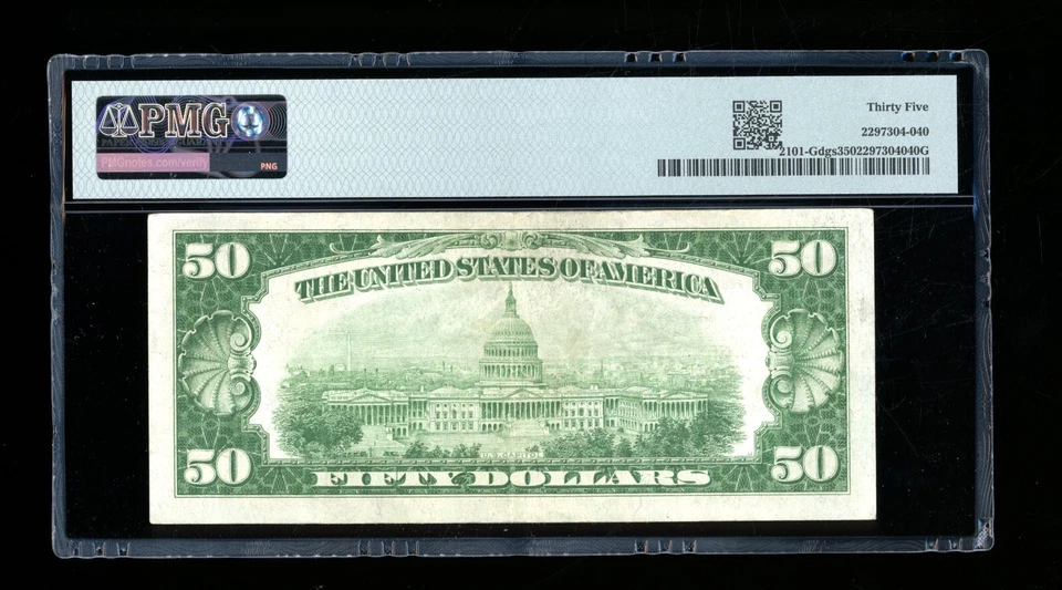 DBR 1928-A $50 DGS FRN Chicago Fr. 2101-Gdgs PMG 35 Serial G01258147A - Image 2 of 2