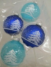 Christmas by Krebs Blue White Christmas tree Glass Ornaments 4pc New in Box.