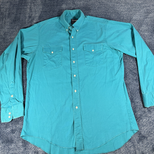 Wrangler Hemd Herren 16,5-35 Türkis Cowboy Schnitt X Long Tail Hergestellt in den USA Einfarbig Vintage
