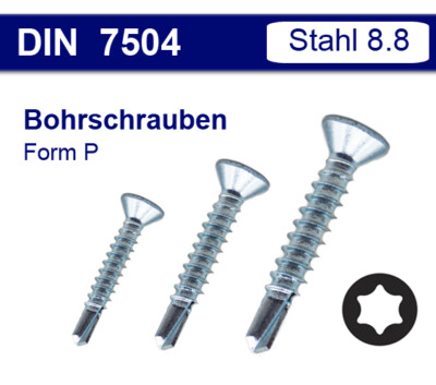 Bohrschrauben Ø 2,9-6,3  Stahl verzinkt 7504 P selbstschneidend Senkkopf TX Torx