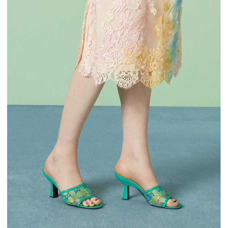 37 NEW $1,050 GUCCI Teal Mesh MULTICOLOR CRYSTAL GG Mid-heel