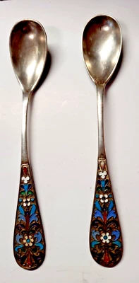 RUSSIE 2 CUILLERES A THE EN ARGENT ET EMAUX CLOISONNES 84 ZOLOTNIK RUSSIE - Photo 1/4