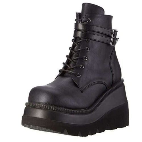 Women Punk Platform Wedge Chunky Lace Up Shoes Buckle Goth High Heel Ankle Boots - Picture 6 of 15