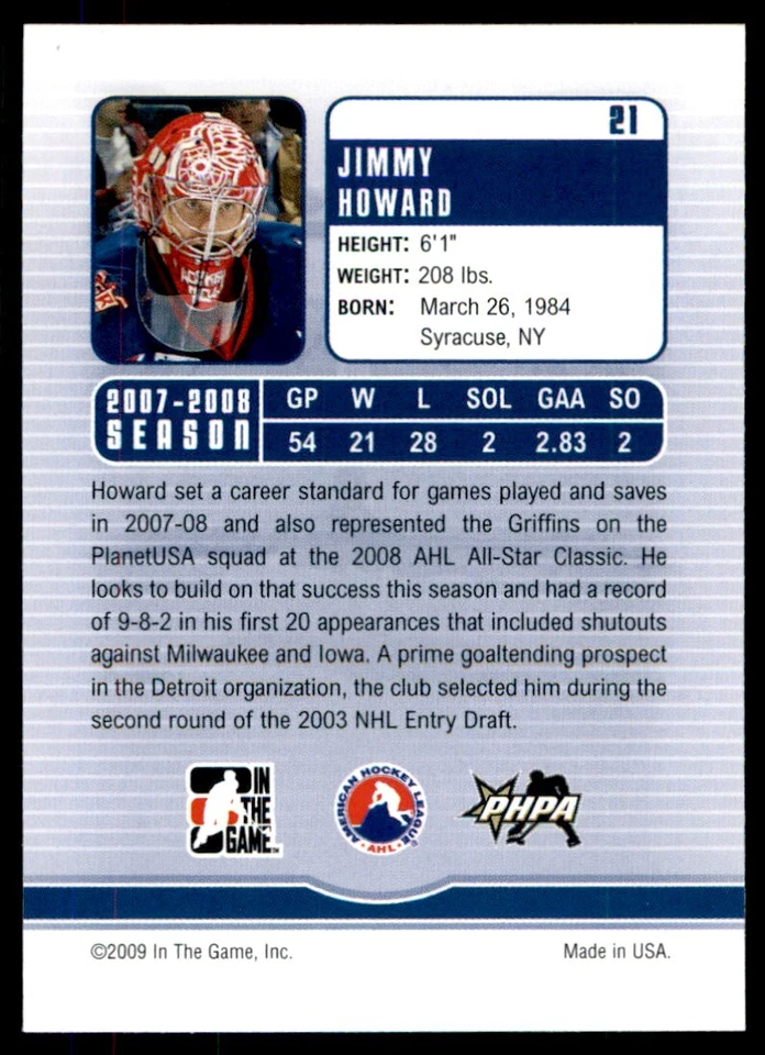 2008-09 In The Game Between Pipes Jimmy Howard #21 - Image 2 of 2