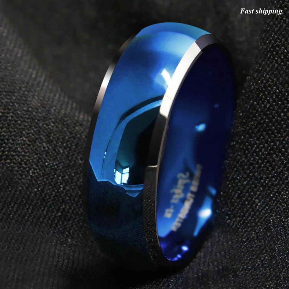 8mm Men's Tungsten Ring Blue Domed with Beveled Silver Edges Band ATOP Jewelry - Image 2 of 4