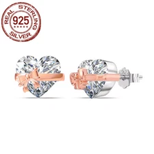 925 Silver Cubic Zirconia Heart Rose Gold Plated Bowknot Stud Earrings for Women