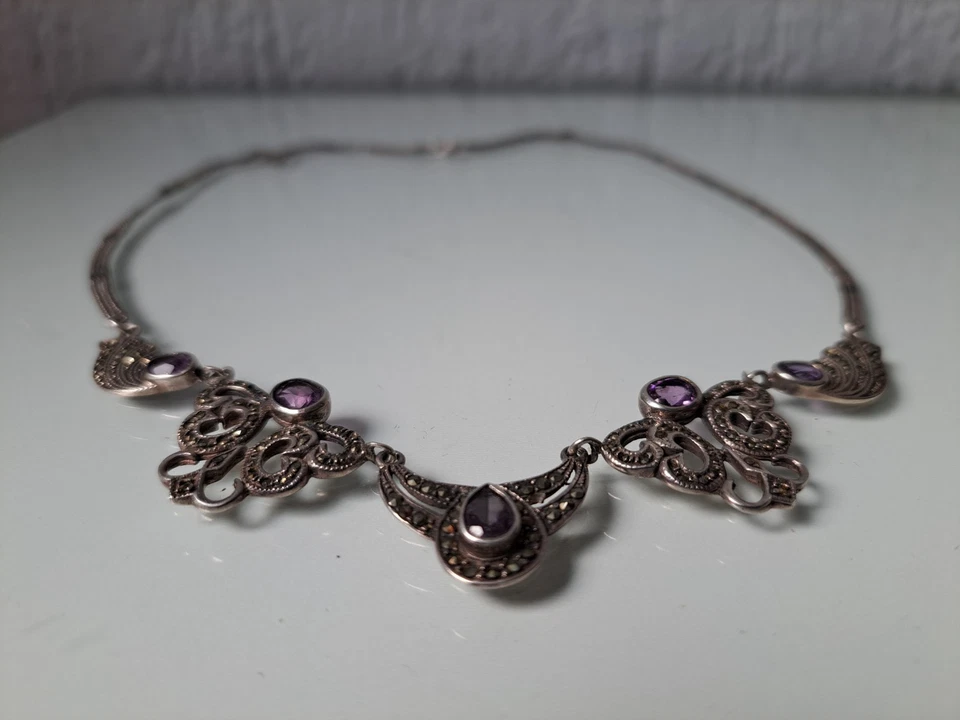 Pregiato,Vecchio Collier,Catena,925 Argento Con Ametiste E Marcasite - Immagine 4 di 4