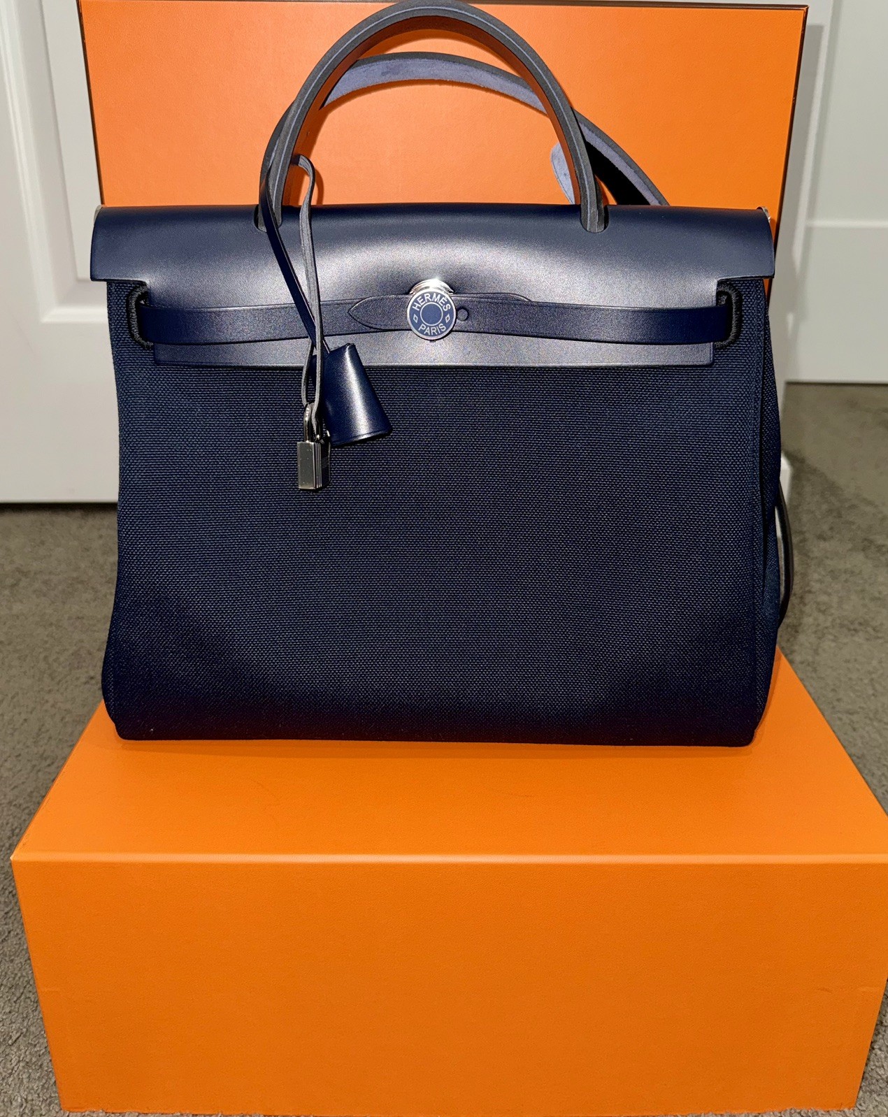 Hermès Herbag Zip 31 Indigo Canvas & Leather Shoulder Bag Full Set Receipt