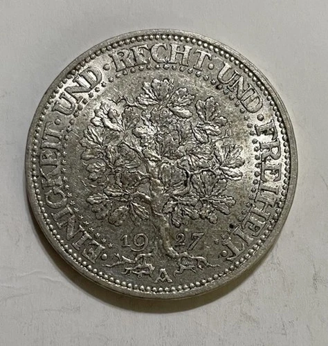Germany - 1927-A Silver Weimar 5 Mark - Oak Tree