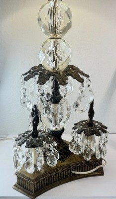 VTG L&L Loevsky WMC Brass Crystal Table Lamp Hanging Glass Prisms 27.5  #8258