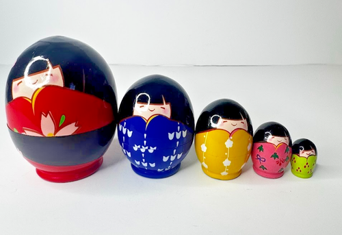 Japanese Kokeshi Folk Art Nesting Dolls 5 Total Hand Painted Wood World Market - Picture 6 of 12