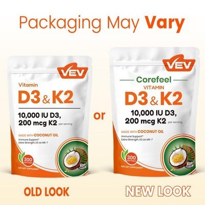 2 PACKS-NEW VEV Vitamin D3 K2 10000 IU, 300 Coconut Oil Softgels, 2-in-1 D&K